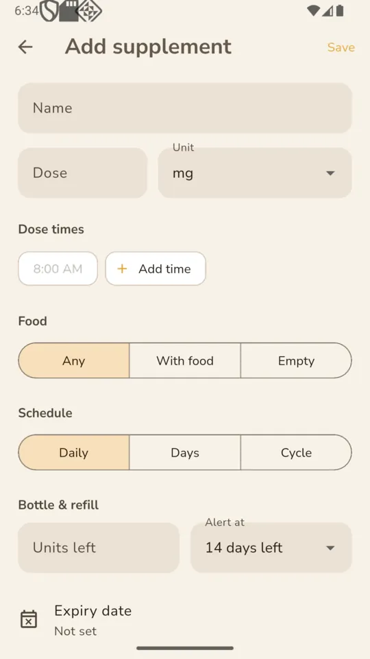 The Add supplement form with name, dose and unit, dose times, a food selector, a schedule selector and bottle refill fields