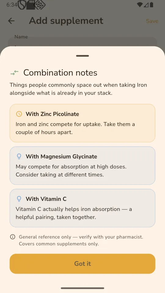 A Combination notes sheet for iron listing notes against zinc, magnesium and vitamin C above a verify-with-your-pharmacist line