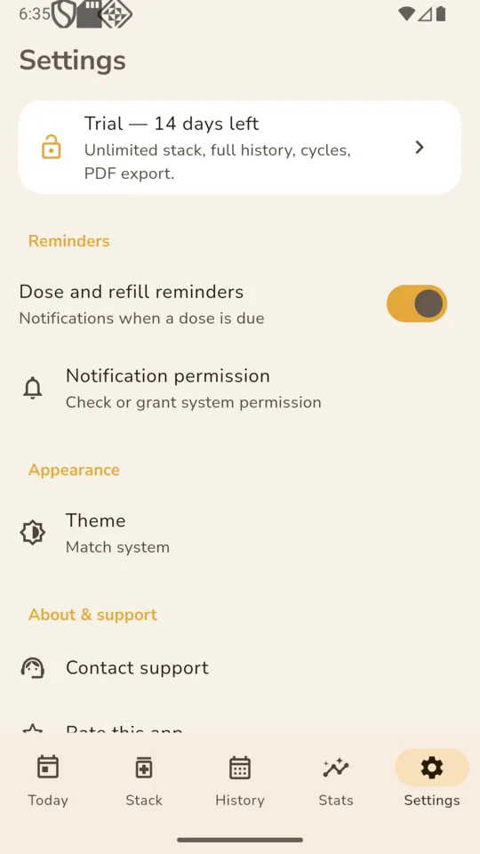 DailyStack settings with dose and refill reminders switched on, notification permission, theme and support links