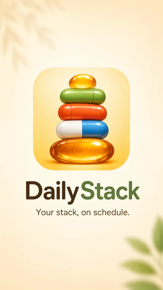 DailyStack launch screen: a stack of coloured capsules above the wordmark and the line Your stack, on schedule