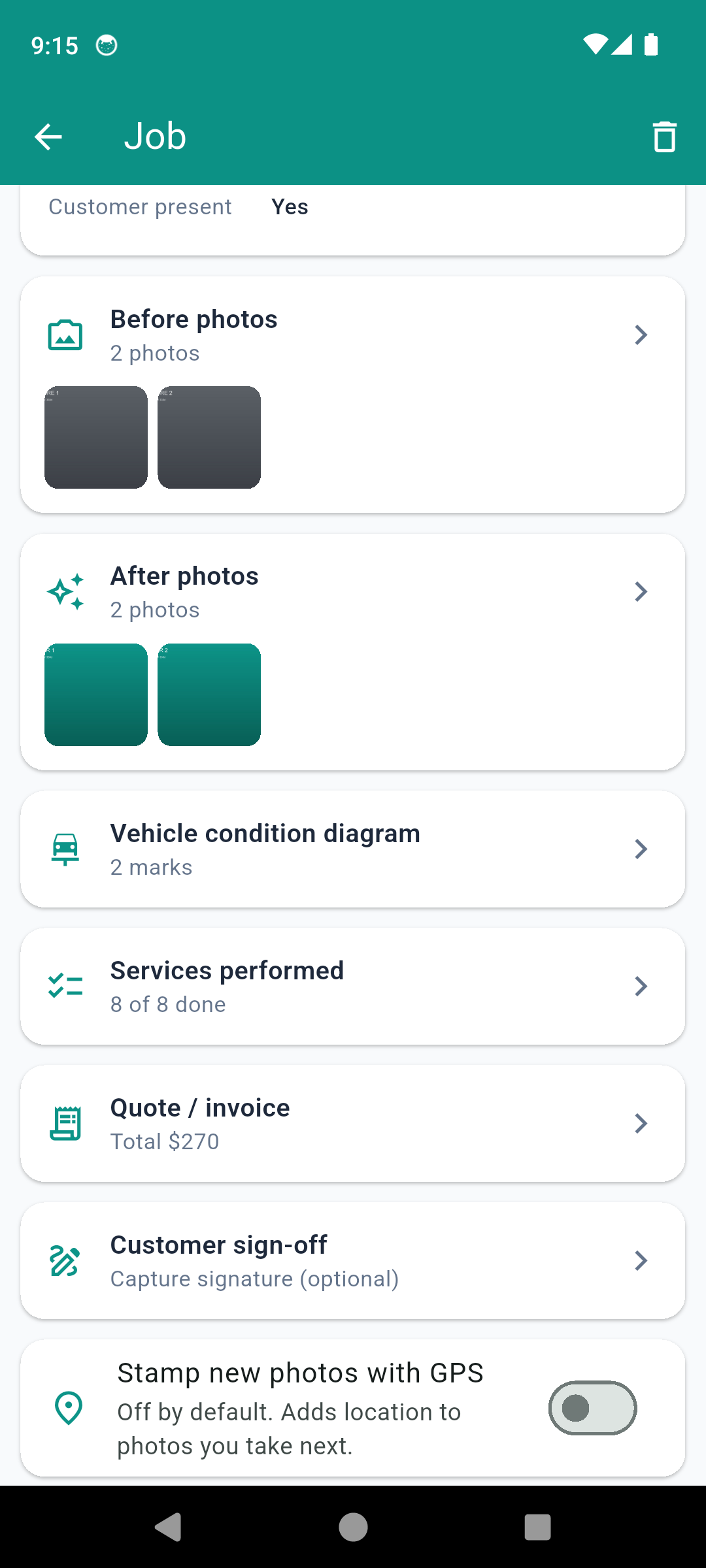 DetailProof job overview with before/after photos, condition diagram, services, invoice and signature sections