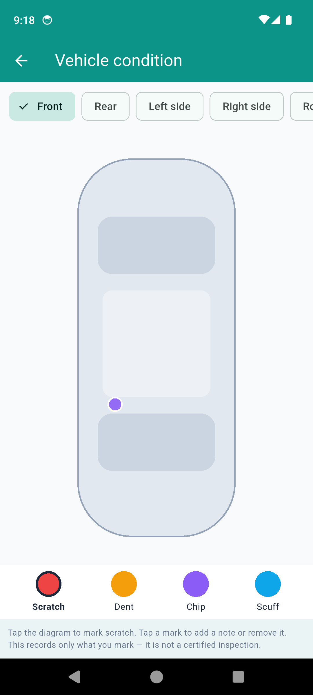 DetailProof vehicle condition diagram with a car outline and a tap-to-mark damage point and color-coded scratch, dent, chip and scuff types