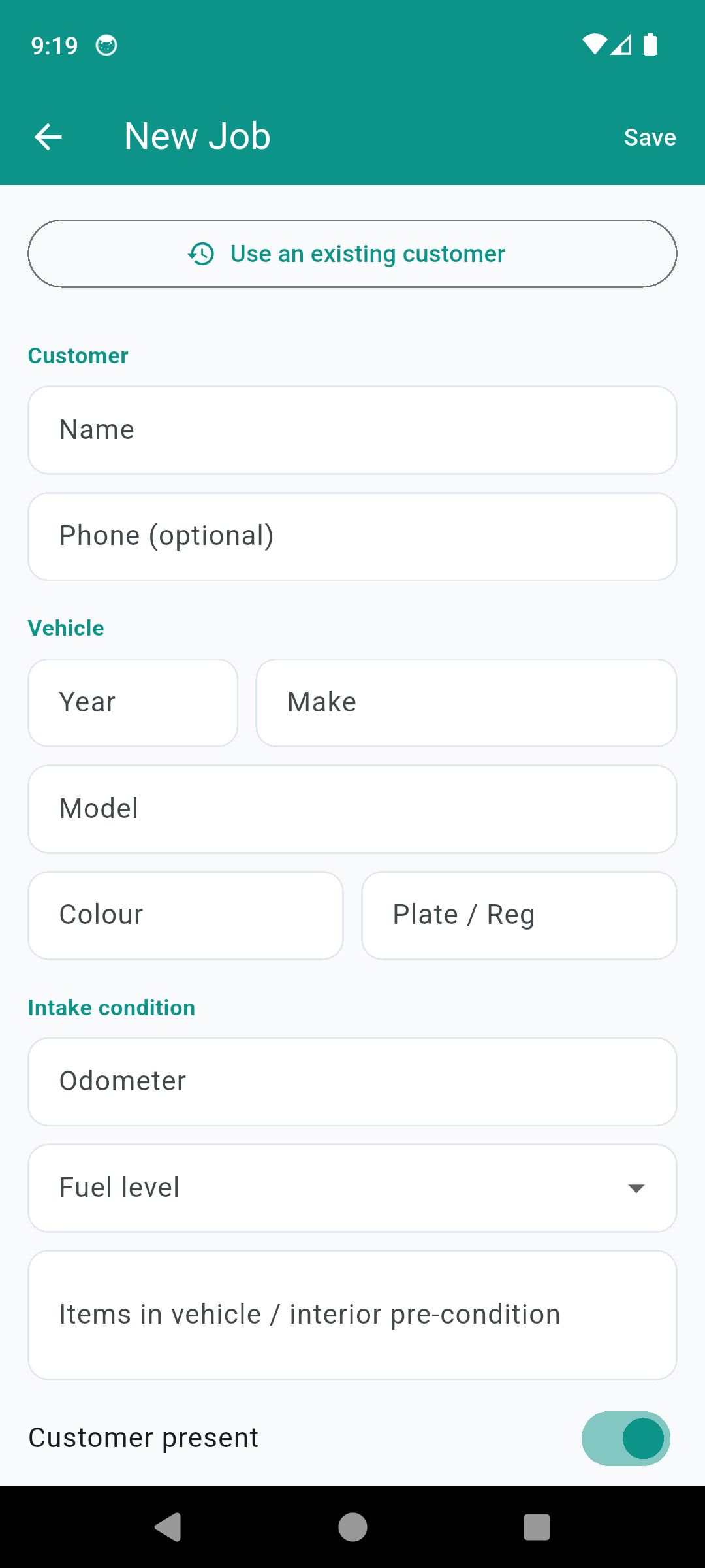 DetailProof new job form with customer, vehicle and intake condition fields
