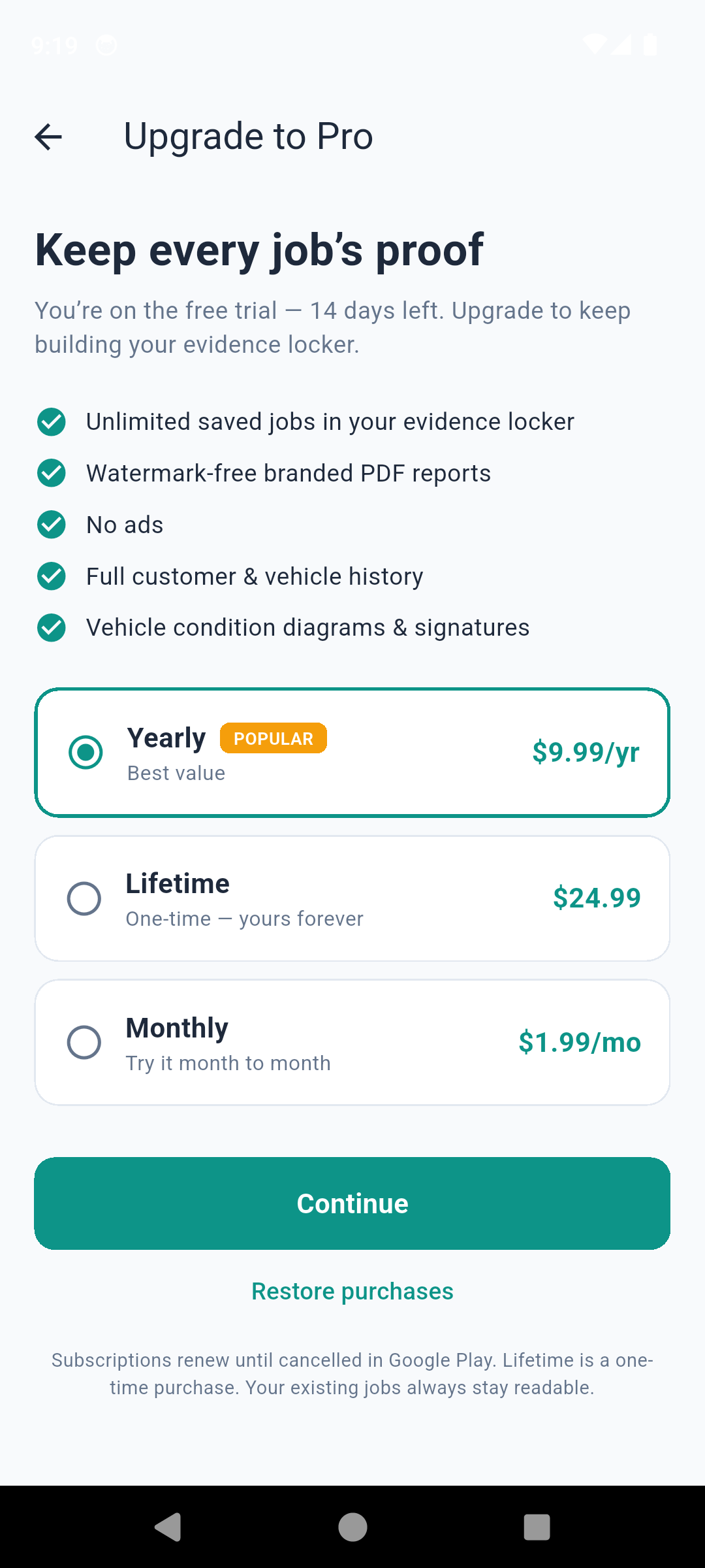 DetailProof upgrade screen with yearly, lifetime and monthly plan options