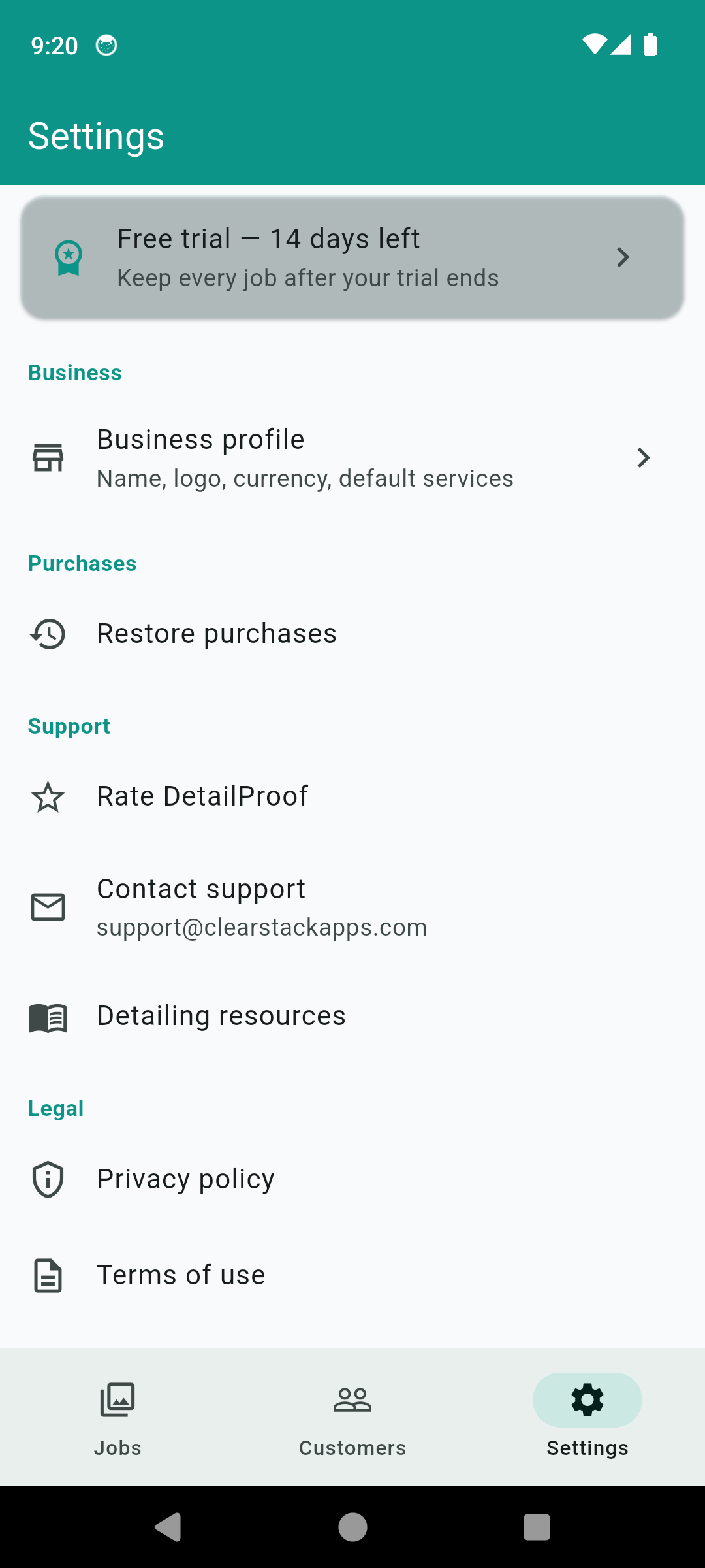 DetailProof settings showing business profile, restore purchases and support options