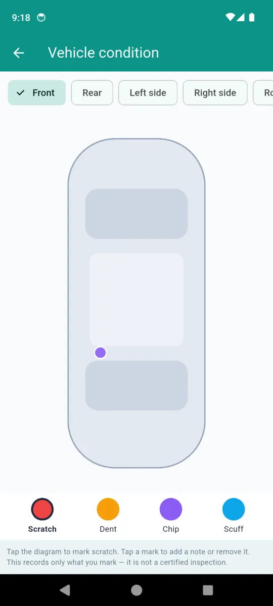 The DetailProof vehicle condition diagram with panel tabs for front, rear, left side and right side, marks placed on the body outline, and a legend of scratch, dent, chip and scuff