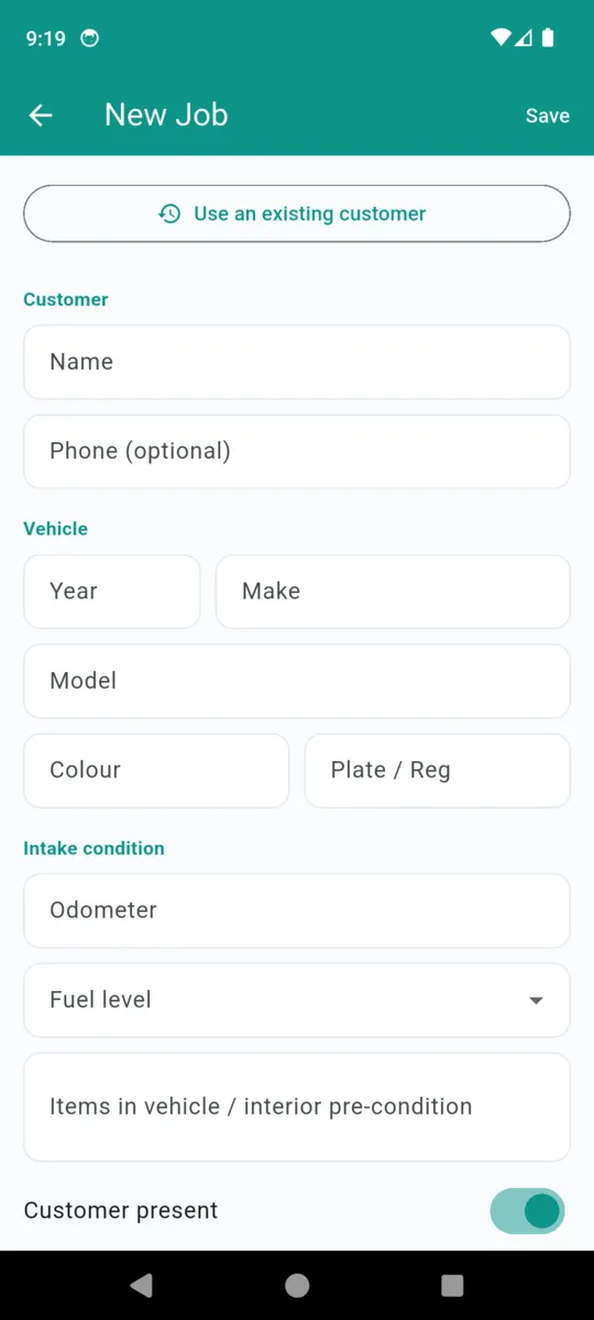 The DetailProof new job form with customer, vehicle, plate and intake condition fields including odometer, fuel level and customer present