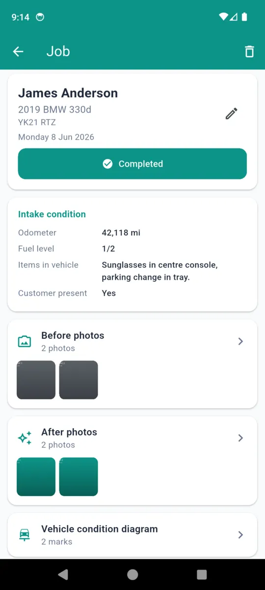 A DetailProof job header showing the customer, vehicle and date, a Completed status, and the intake condition panel with odometer, fuel level and items in the vehicle