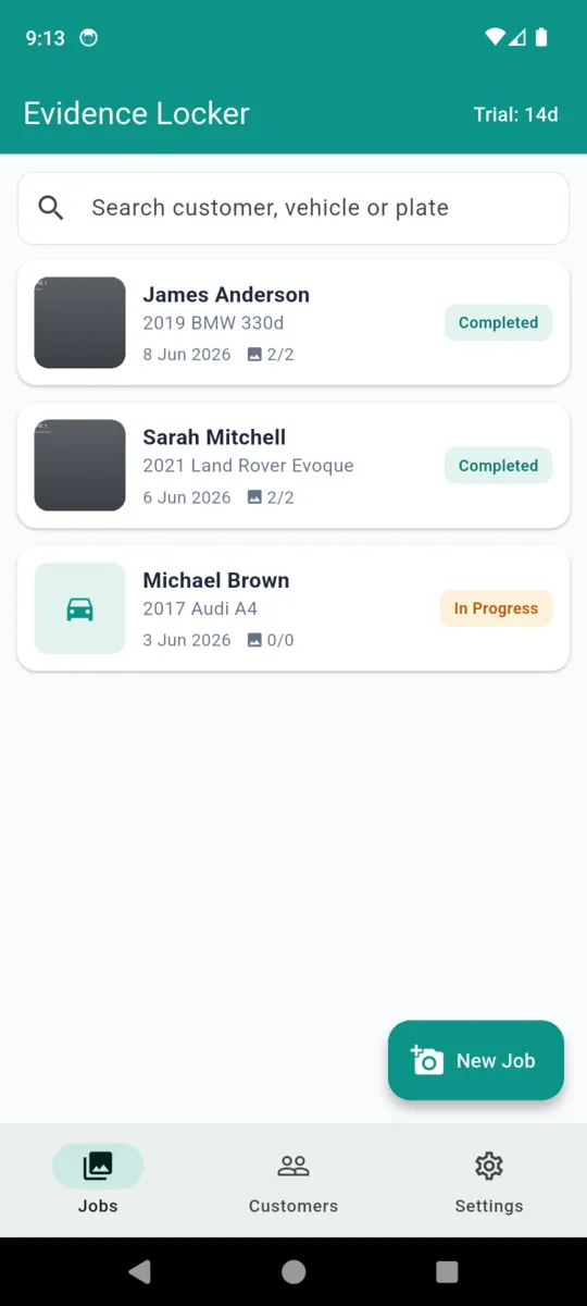 The DetailProof job list with a search box and three jobs, each showing the customer, the vehicle, the date, its status and photo counts
