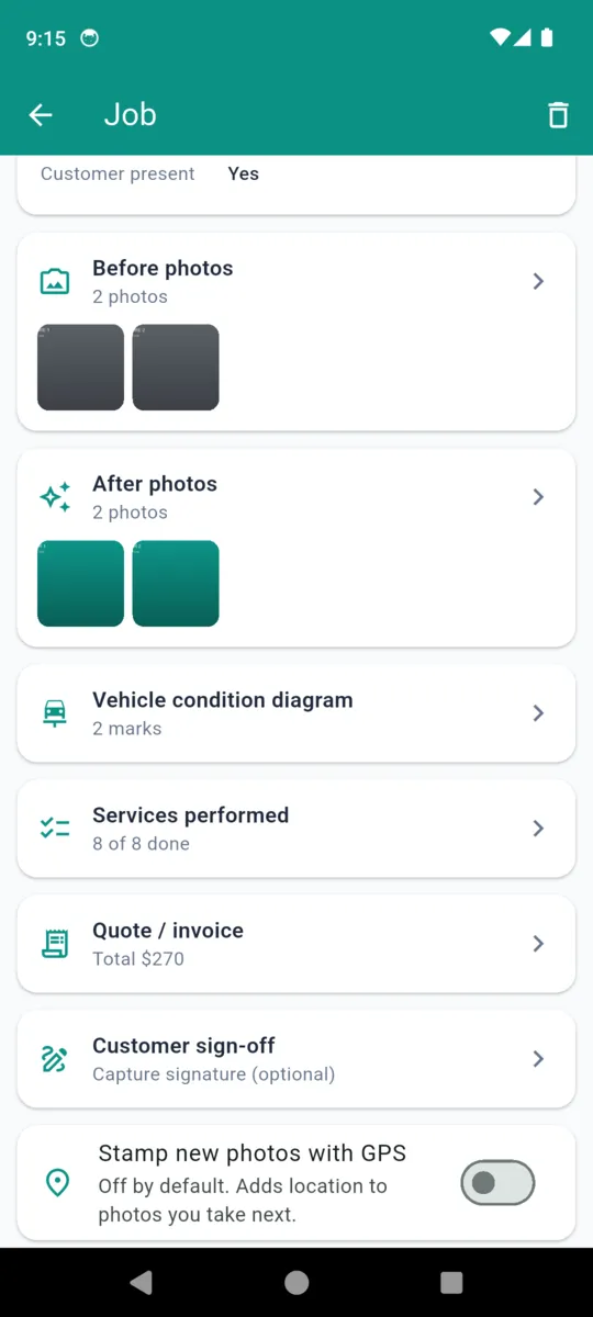 A DetailProof job showing its record sections: before photos 2, after photos 2, vehicle condition diagram 2 marks, services performed 8 of 8 done, quote total $270, customer sign-off, and a GPS stamp toggle switched off