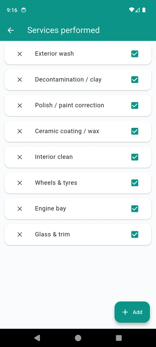 The DetailProof services performed checklist with exterior wash, decontamination, polish, ceramic coating, interior clean, wheels and tyres, engine bay and glass and trim all ticked