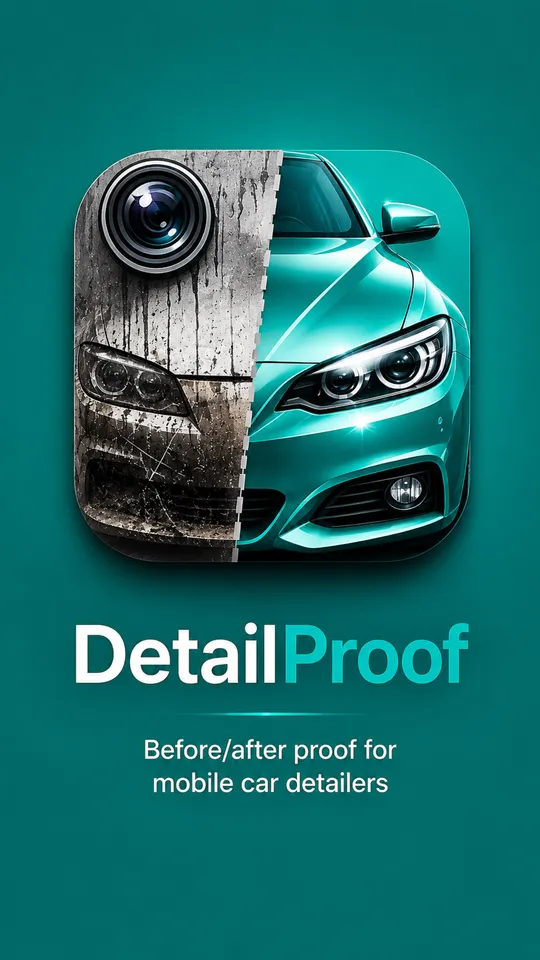 DetailProof launch screen: a car split between a dull, dirty half and a polished teal half, with the wordmark and the line Before and after proof for mobile car detailers