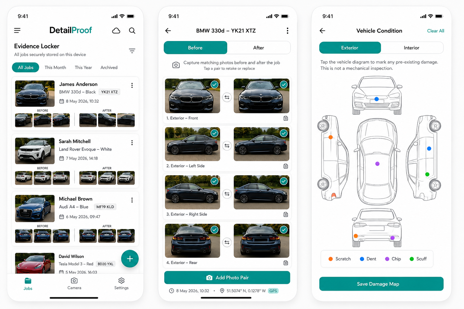 DetailProof job list, before/after capture, and vehicle condition diagram screens