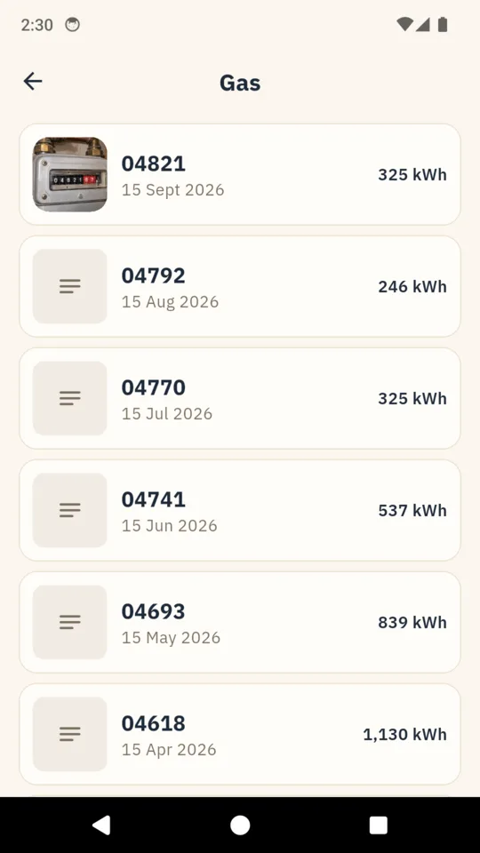 History: every gas reading with its date and the use since the one before.