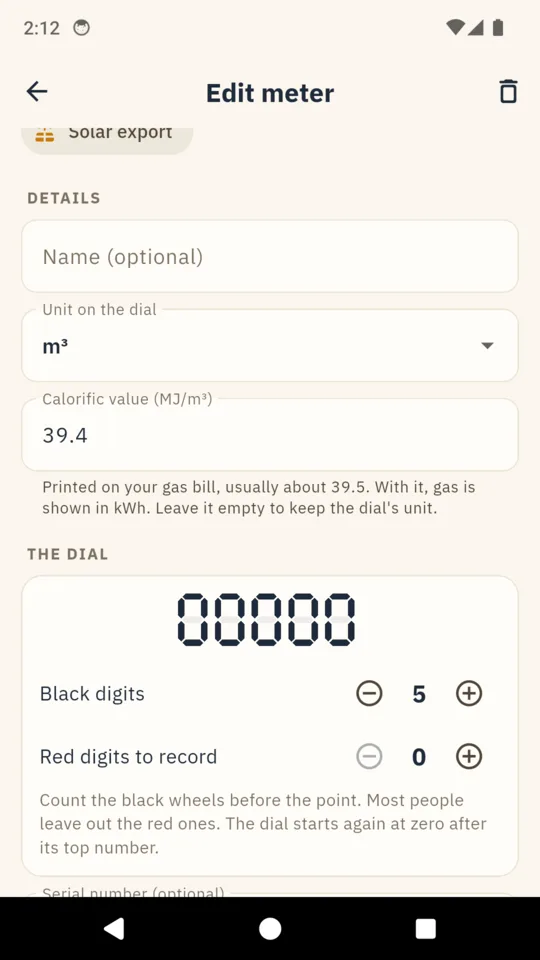 Edit meter: the unit, the calorific value and how many digits the dial has.