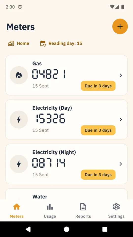 Meters: gas, electricity day and night, each with its last reading and the next reading day