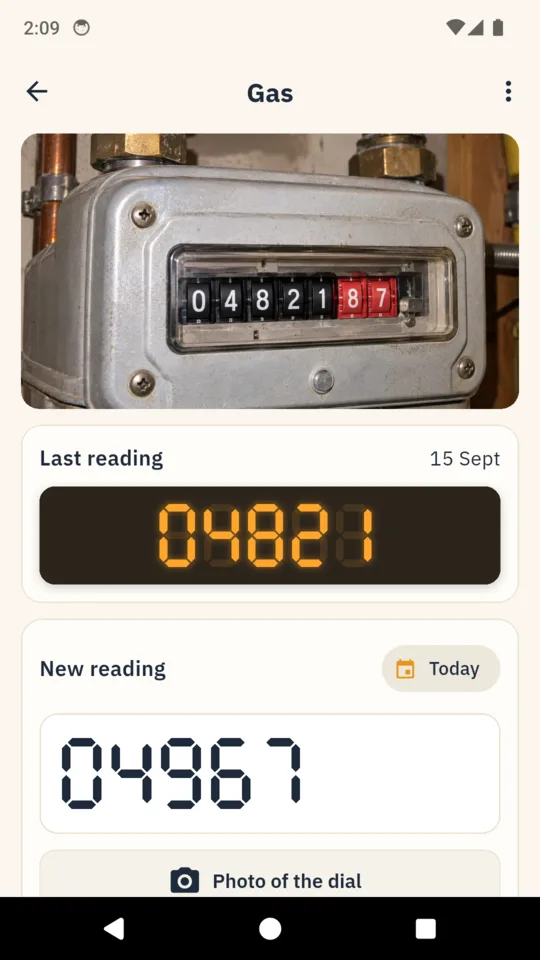 New gas reading: last month's dial photo and reading 04821 above today's number 04967