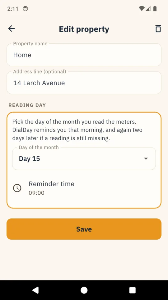 Reading day: the day of the month and the reminder time for one home.
