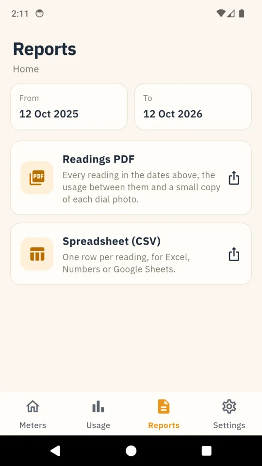 Reports: a PDF with dial photos, or a CSV, for any date range.