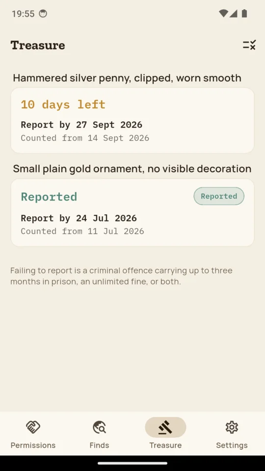 A find flagged as possible treasure, showing ten days left and the date the period was counted from