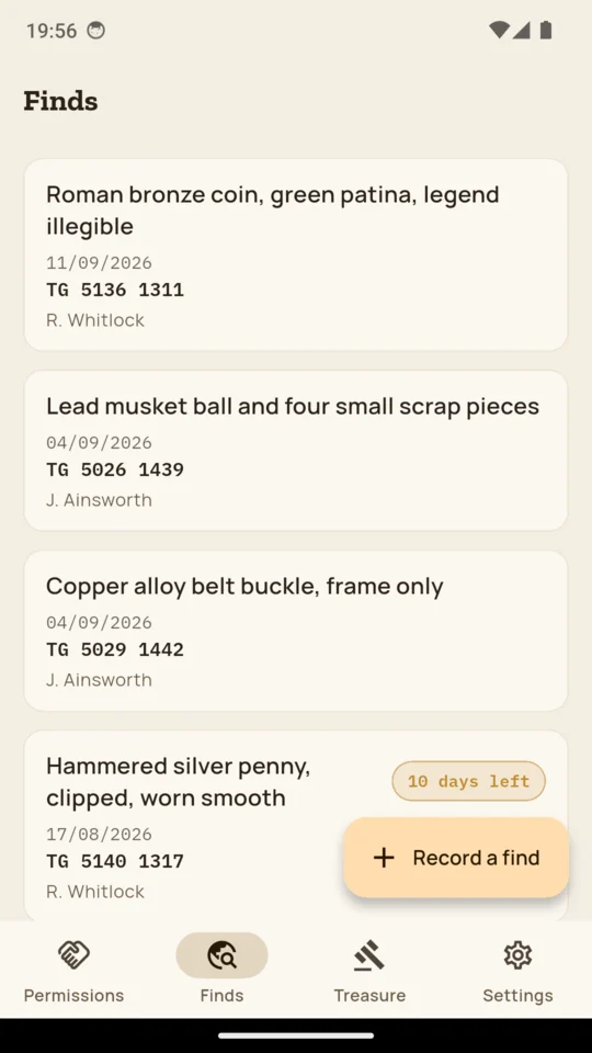 Finds, each carrying its own grid reference.