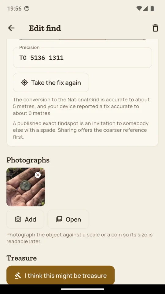 The findspot, with the conversion accuracy stated rather than implied.