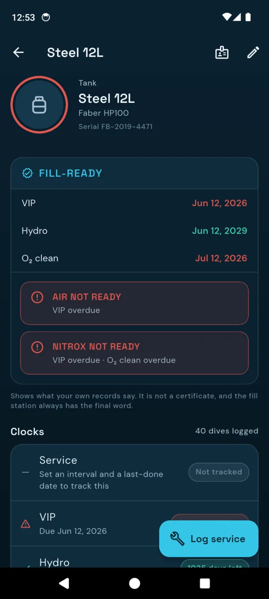 The DiveKit Fill-Ready panel for a cylinder, showing the visual inspection, hydrostatic test and O2 clean dates with separate verdicts for an air fill and a nitrox fill