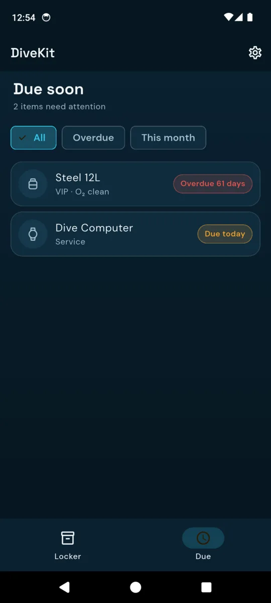 The DiveKit Due list, showing overdue items in red and items due soon in amber, soonest first