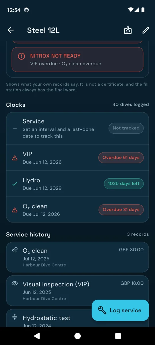 The service history for a regulator in DiveKit, showing dated service entries with what was done, the technician and the cost