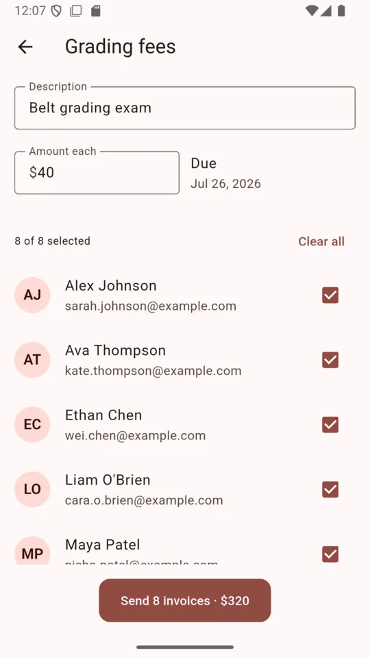 The DojoDues grading fees screen: a description reading Belt grading exam, forty dollars each, a due date, eight of eight students selected, and a button reading Send 8 invoices for 320 dollars