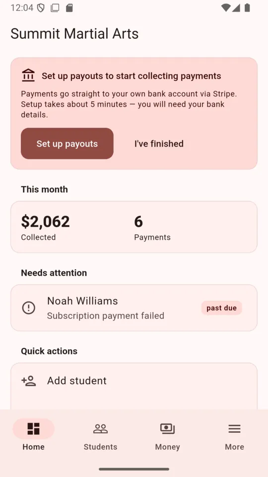 The DojoDues dashboard for a demo school showing this month collected, a payment count, and a failed subscription under Needs attention