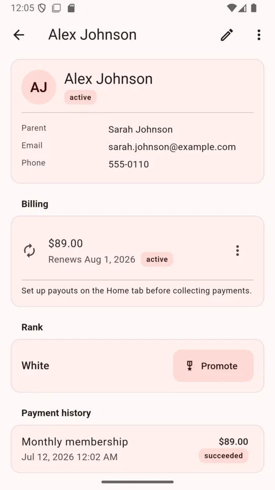 A student record in DojoDues showing parent contact details, an active monthly billing plan, a Rank card reading White with a Promote button, and payment history
