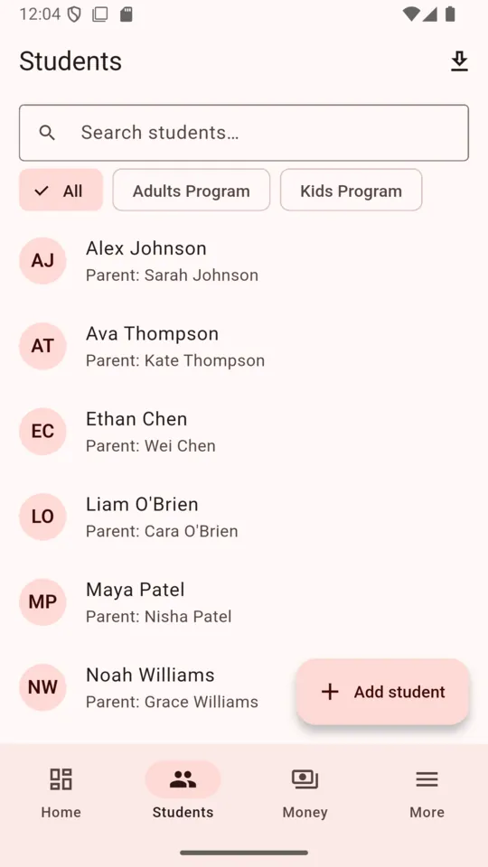 The DojoDues student list with a search box, program filter chips, and each student listed under a parent name