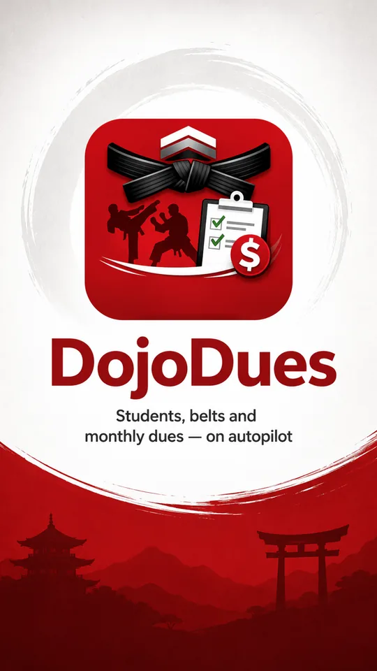 The DojoDues launch screen: the app icon above the wordmark and the line Students, belts and monthly dues — on autopilot