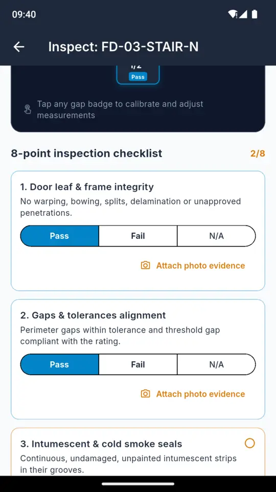 The DoorProof inspection checklist with numbered items for door leaf and frame integrity, gaps and tolerances, intumescent and cold smoke seals and hinges and hardware, each offering pass, fail or not applicable