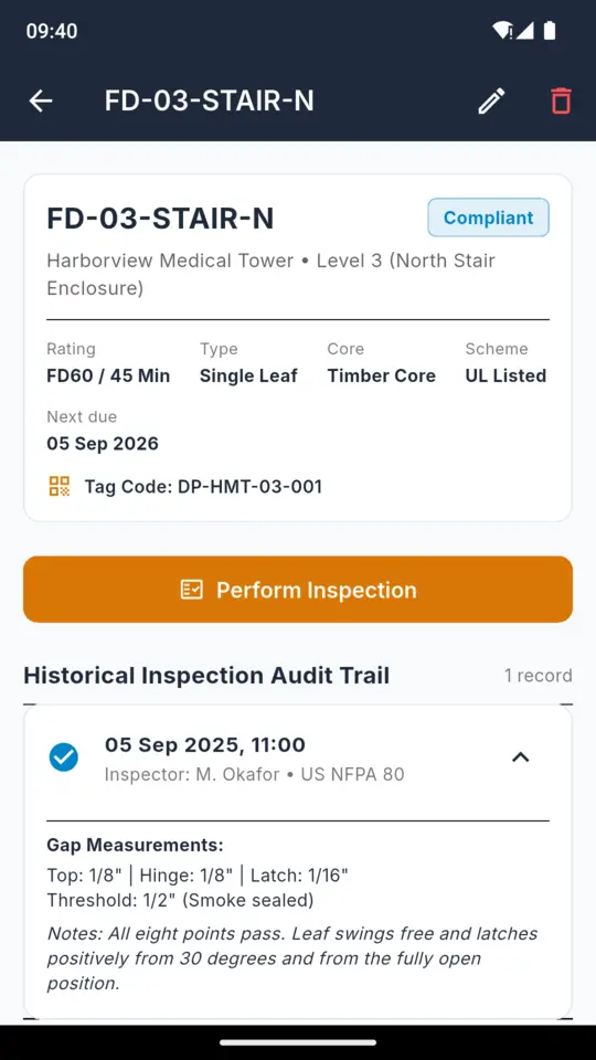 A DoorProof fire door record showing its reference, location, fire rating, leaf material and configuration above a list of past inspections with their verdicts