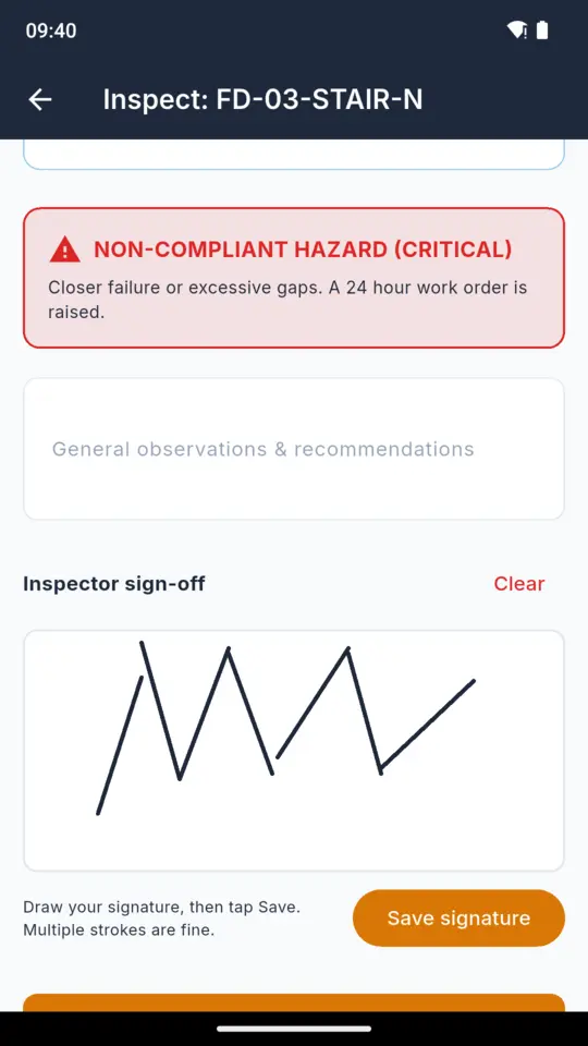 The DoorProof sign-off screen with the overall verdict, the inspector name and credentials, and a captured signature drawn on the phone