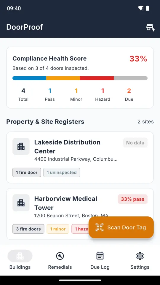 The DoorProof dashboard showing a building with its door count, how many inspections are due and a list of recent inspections with pass and fail verdicts