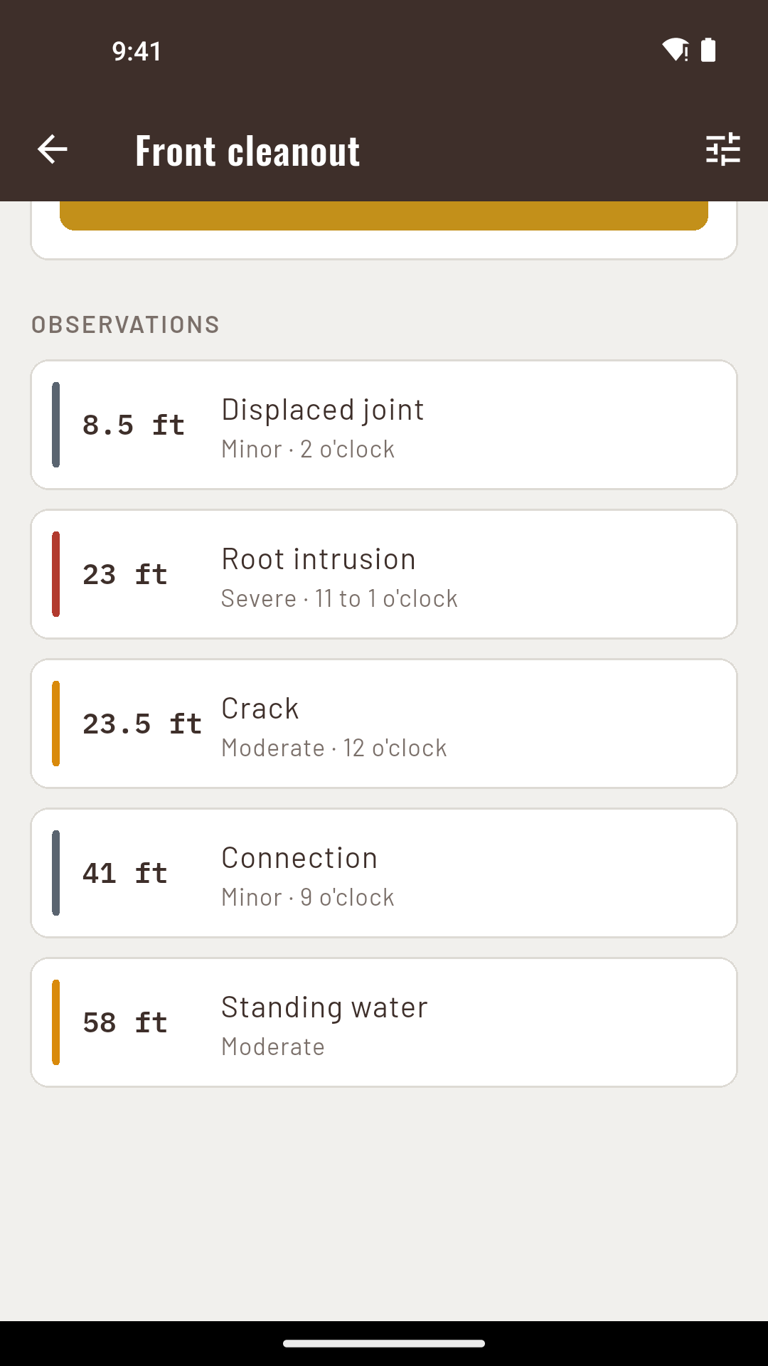 A list of observations for one run, each with its distance down the pipe, defect name and severity