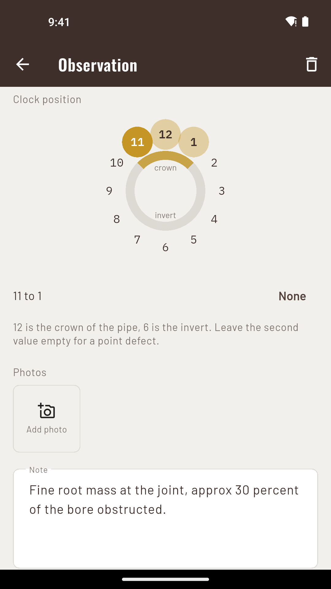 The clock dial, showing the crown at 12 and the invert at 6, with an arc selected across the top of the pipe