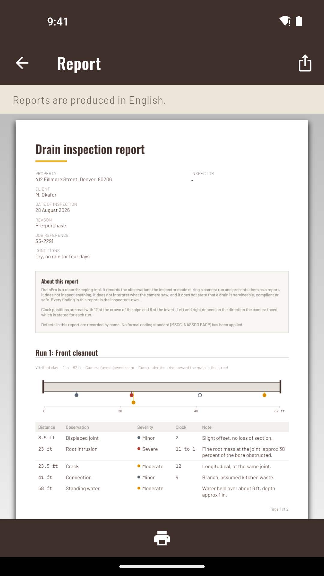 A generated inspection report showing the cover, a run diagram and the observation table