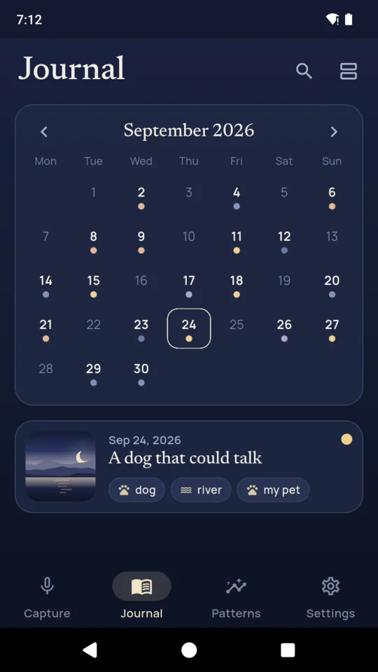 The calendar: a month of mornings, with the day’s dream below.