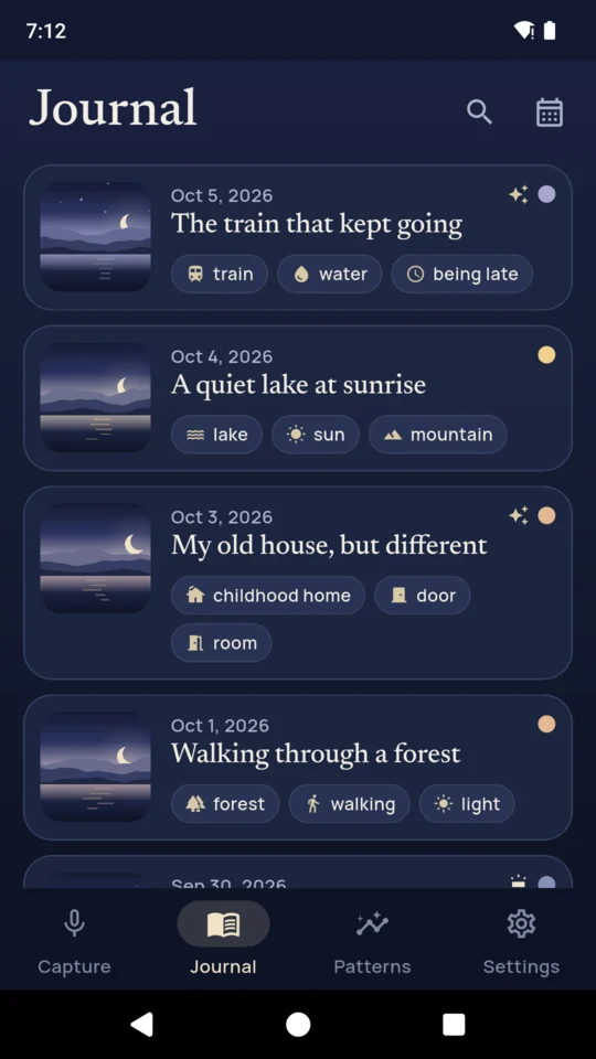 The journal: each dream with its own small dawn sky, coloured by its mood.