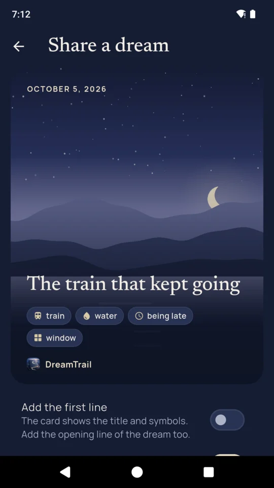 Share a dream: a card with the title, symbols and sky, none of your words.