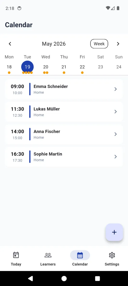 The Calendar in week view for May 2026 with dots on the days that hold lessons, Tuesday 19 selected, and the four lessons of that day listed below