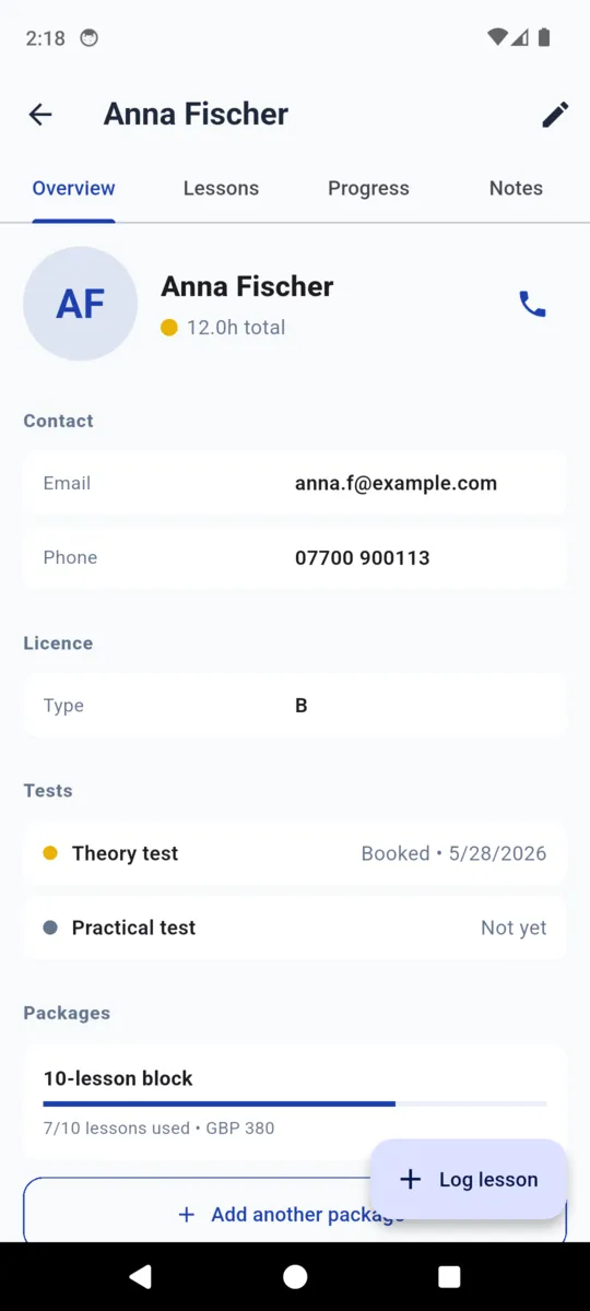 Anna Fischer's Overview tab: 12 hours total, email and phone, licence type B, theory test booked for 28 May 2026, practical test not yet, and a 10-lesson block with 7 of 10 lessons used at GBP 380