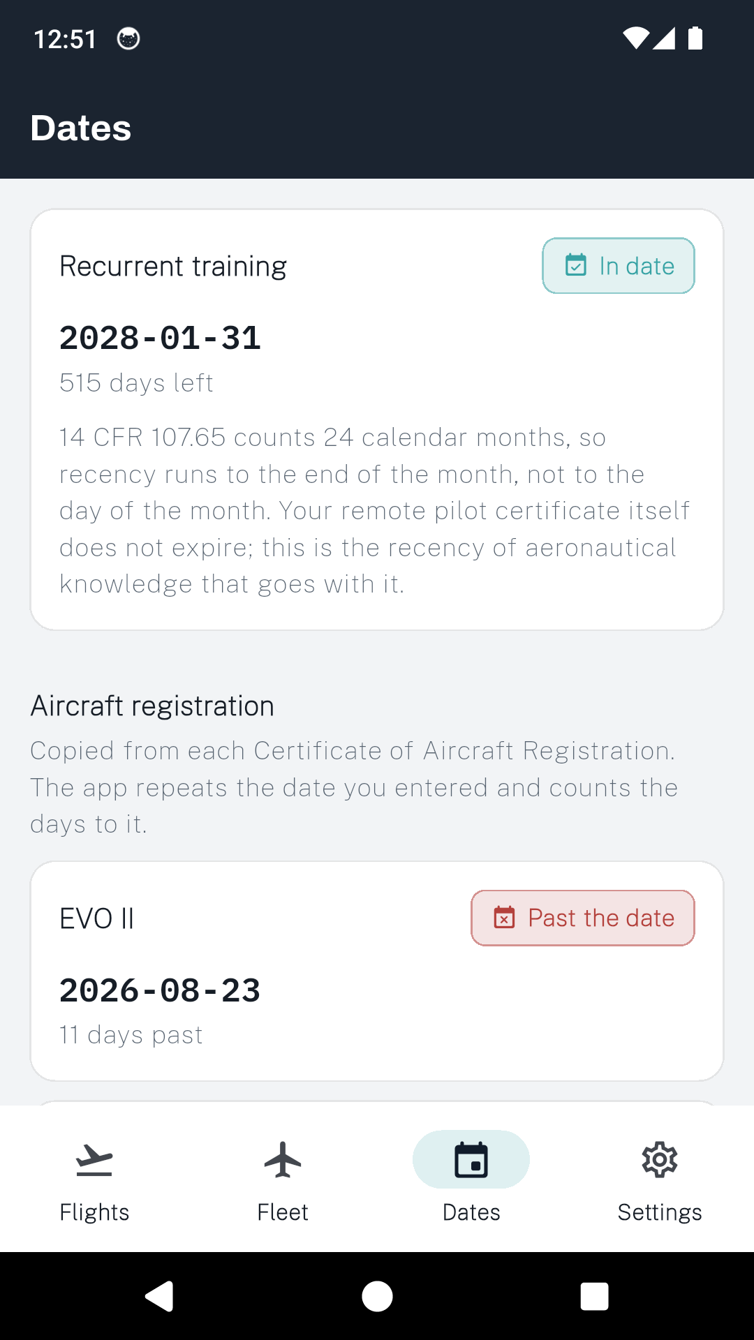 The DroneLog 107 dates screen explaining that 107.65 counts 24 calendar months and that the certificate itself does not expire.