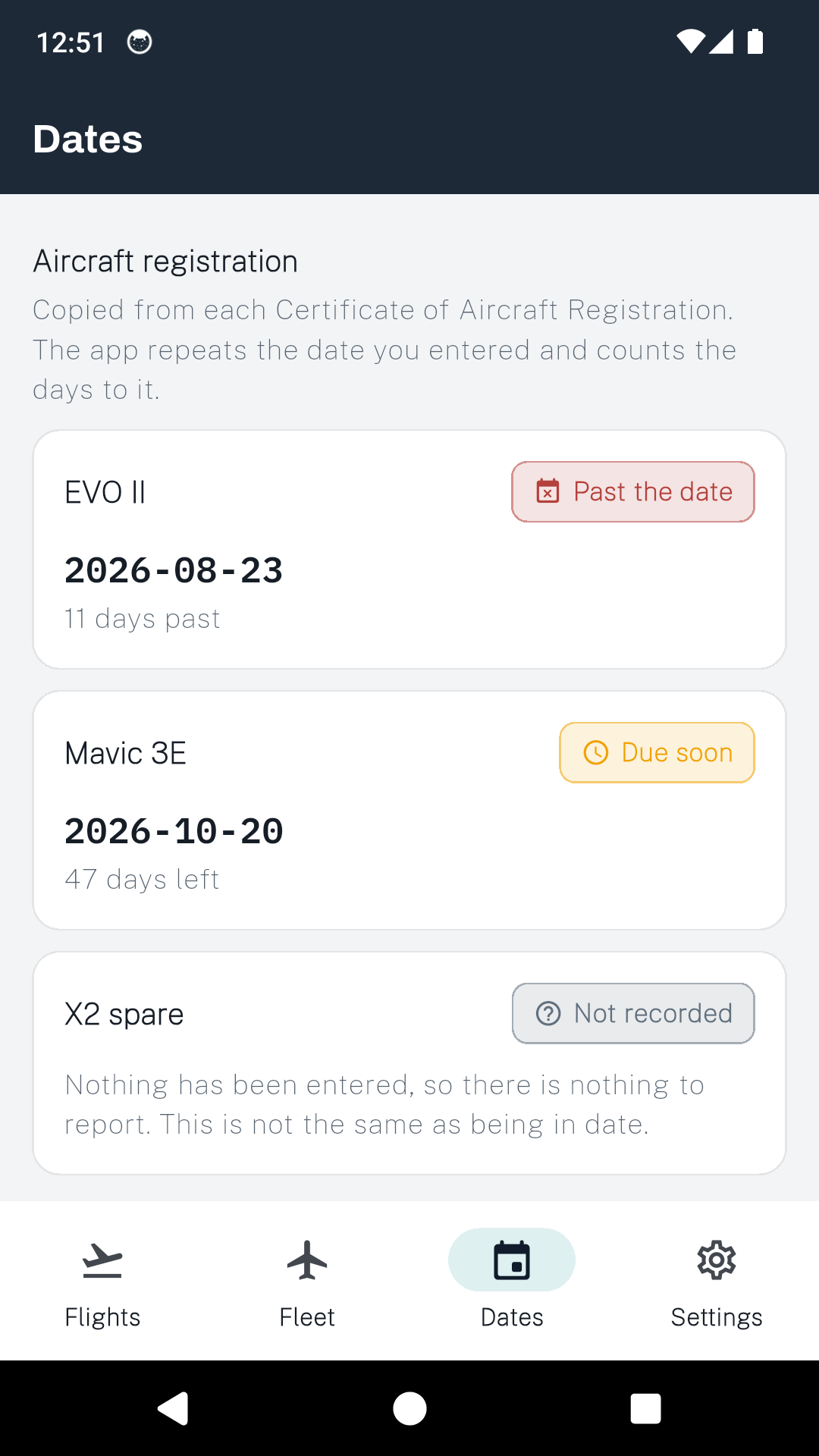 DroneLog 107 registration dates per aircraft, one past the date, one due soon and one not recorded.