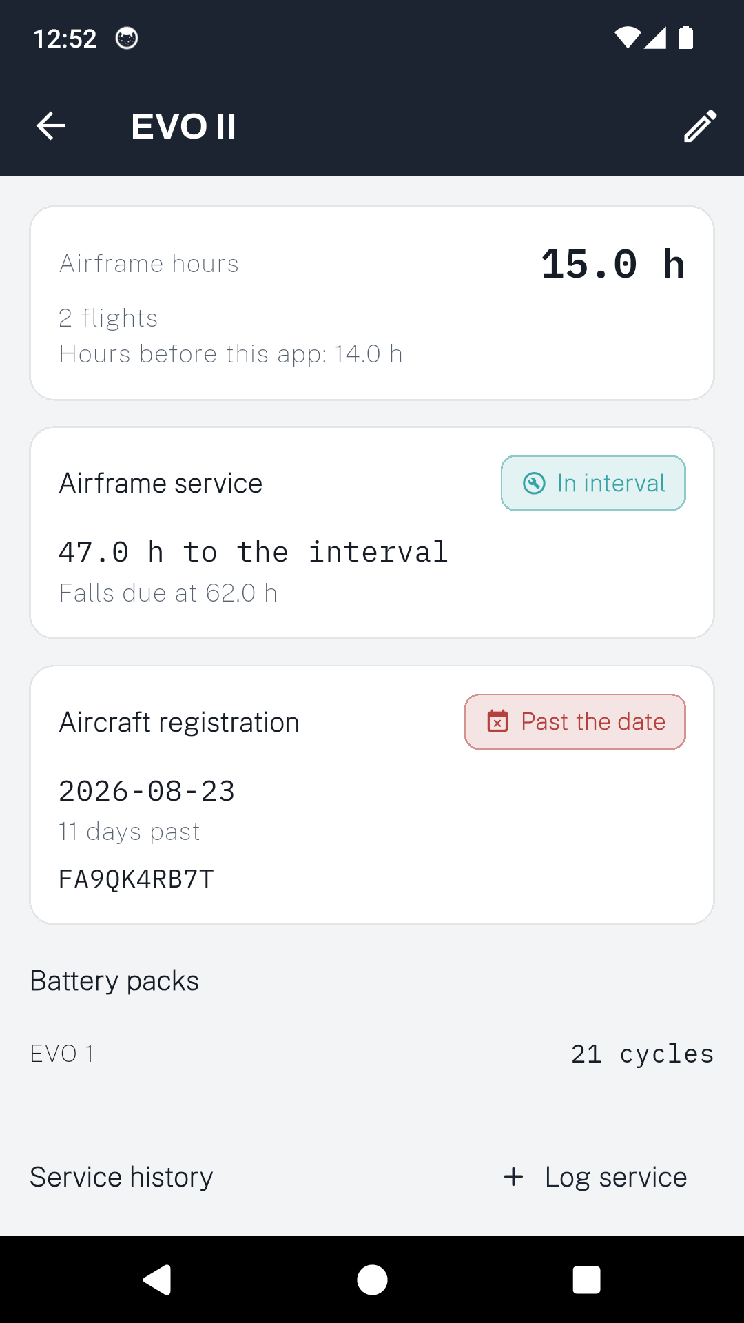 A DroneLog 107 aircraft showing fifteen airframe hours including fourteen flown before the app, its service interval and its registration date.