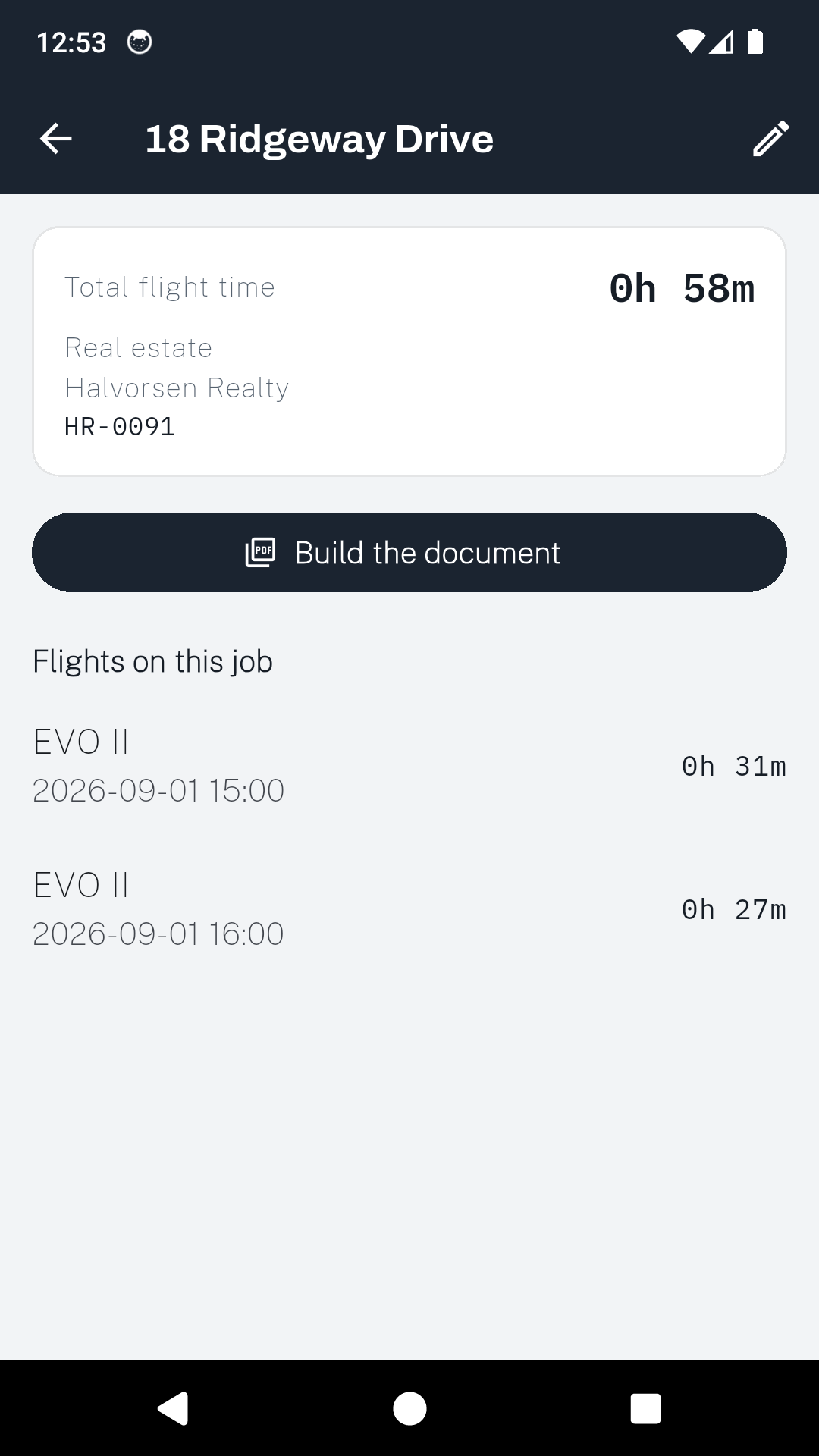 A DroneLog 107 job with fifty eight minutes of total flight time and a control to build the client document.